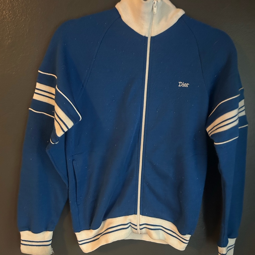 Dior Men’s Royal Blue Zip-Up Track Sweater with White Trim
